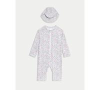 M&S Collection female 2pc Sunsafe Floral Swimsuit & Hat Set (0-6 Yrs) - 2-3Y - Ivory Mix, Ivory Mix