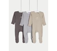 M&S Collection Female 3pk Cotton Rich Striped & Plain Sleepsuits (0-3 Yrs) - 0-3 M - Mid Grey, Blue Mix,Mid Grey,Mink Mix