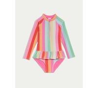 M&S Collection female Striped Long Sleeve Frill Swim Suit (2-8 Yrs) - 7-8 Y - Multi, Multi