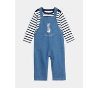 M&S Collection male 2pc Pure Cotton Peter Rabbit™ Striped Dungaree Outfit (0-3 Yrs) - 6-9 M - Denim, Denim