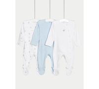 M&S Collection male 3pk Pure Cotton Rocket & Star Sleepsuits (6½lbs-3 Yrs) - TINY - Blue/White, Blue/White