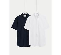 M&S Collection Men's Ultimate 2 Pack Short Sleeve Oxford Shirts - LREG - Navy Mix, Navy Mix,White,Light Blue Mix