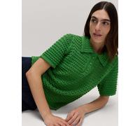 M&S Collection Women's Cotton Rich Open Stitch Knitted Polo Top - M - Fern Green, Natural,Fern Green