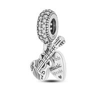 M&S Guitar Charm Love Heart When Words Fail Music Speaks Charm Bead Pendant , 925 Sterling Silver Dangle Charm, Compatible With Pandora & European Bracelet