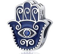 M&S Hamsa Hand Charm Evil Eye Protection Enamel Blue Charm Bead Pendant, 925 Sterling Silver Dangle Charm, Compatible With Pandora & European Bracelet