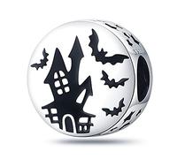 M&S Haunted House Charm Bats Scary Black Silver Charm Bead Pendant, 925 Sterling Silver Dangle Charm, Compatible With Pandora & European Bracelet …