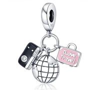 M&S I Love To Travel Charm Camera World Plane Charm Bead Pendant, 925 Sterling Silver Dangle Charm, Compatible With Pandora & European Bracelet …