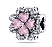 M&S Pink Four Leaf Clover Charm Heart Flower Good Luck Charm Bead Pendant, 925 Sterling Silver Dangle Charm, Compatible With Pandora & European Bracelet …