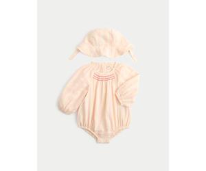 M&S Pure Cotton Candy Stripe Woven Paddler with Hat (0-24 Mths) Tea Rose