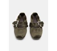 M&S Satin Double Buckle Flat Mary Jane Ballet Pumps Olive