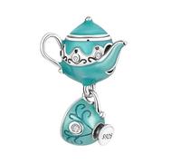 M&S Tea Set Charm Teapot Tea Cup Green Bone China Set Charm Bead Pendant, 925 Sterling Silver Dangle Charm, Compatible With Pandora & European Bracelet …