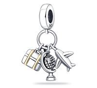 M&S Travel Charm Globe Earth Airplane Luggae Bag Charm Bead Pendant, 925 Sterling Silver Dangle Charm, Compatible With Pandora & European Bracelet …
