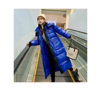 (M=UK XS, Blue) Women's Shiny Parka Jacket Ladies Hooded Long Puffer Coat Stand Collar Outwear
