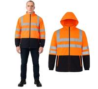M-V-O High Visibility Waterproof Safety Jacket for Rain, Hi Viz Workwear Zip Up Hoodie Coat, Outdoor Rain Gear with Adjustable Hood for Men (UK, Alpha, XXL, Regular, Regular, Orange/Navy)