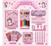 M-V-O Kids Unicorn Stationery Set Diary, Colour Pencils, Crayons & Creative Art Gift Box | Complete Unicorn Writing, Drawing & Colouring Supplies Set for Girls