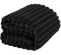 M-V-O Large Soft Teddy Fleece Ribbed Throw Blanket, Thick Soft Faux Fur Fleece Throw for Sofa & Bed, Cosy Warm Winter Blanket for Bedroom & Living Room, Washable Ribbed Throw (Black)
