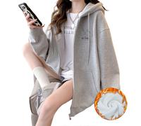 (M, Velvet apricot) Women's Drawstring Zipper Hoodie Long Sleeve Hooded Sweatshirts Solid Color Casual Embroidery Jacket Coat with Pockets Plush gray S