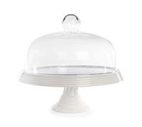 Ceramic Cake Stand with Glass Dome Lid - Cake Display Platter for Parties, Weddings | Elegant Dessert Stand with Cover for Table or Countertop | M&W