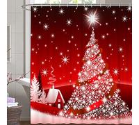 M&W DAS DESIGN Christmas Shower Curtain Snow House Textile Red Curtain White Christmas Tree Mould Resistant Christmas Decoration Star Colourfast Includes 12 C-Rings Weight Bottom 180 x 200 cm