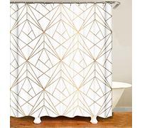 M&W DAS DESIGN Shower Curtain Gold Line Triangles Bathroom Textile Curtain Anti-Mould Effect Washable Shower Curtain 12 C-Rings Weight Bottom 180 x 200