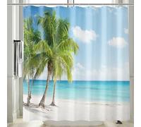 M&W DAS DESIGN Shower Curtain White Sand Palm Trees Tropical Beach Scene Ocean Coconut Palm Trees Blue Sky 180 x 200 cm Including 12 C-Rings Weight Bottom