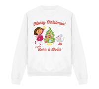 (M, White) Dora The Explorer Unisex Adult Happy Holidays Dora & Boots Sweatshirt