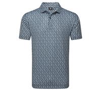 (M, White/Navy) Footjoy Mens Floral Sketch Print Lisle Moisture Wicking Golf Polo Shirt