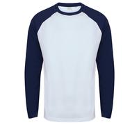(M, White / Oxford Navy) Skinnifit Mens Raglan Long Sleeve Baseball T-Shirt