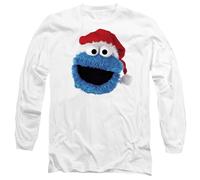 (M, White) Sesame Street Unisex Adult Cookie Monster Santa Hat Long-Sleeved Christmas T-Shirt