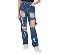 M17 Women's Ladies Denim Multi Rip Mom Jean High Waisted