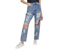 M17 Womens Ladies Denim Multi Rip Mom Jean High Waisted Classic Casual Cotton Trouser Pants with Pockets (14, Mid Wash Blue)