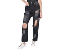 M17 Womens Ladies Denim Multi Rip Mom Jean High Waisted Classic Casual Cotton Trouser Pants with Pockets (12, Black)