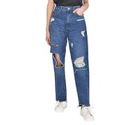 M17 Womens Ladies Denim Torn Hem Rip Mom Jeans High Waisted Classic Casual Cotton Trouser Pants with Pockets (12, Dark Wash Blue)