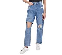 M17 Womens Ladies Denim Torn Hem Rip Mom Jeans High Waisted Classic Casual Cotton Trouser Pants with Pockets (12, Mid Wash Blue)