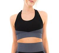 M17 Womens Ladies Sports Bra Textured Panelling Striped Comfort Athletics Yoga Gym Bras Top Adjustible Straps Removeable Pads - Large - Black Grey