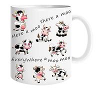 M1SS 1 x Cute Cow Coffee Mug Ceramic Tea Cup “Here a moo There a moo Everywhere a moo moo” Printed Both Sides Ceramic Novelty Coffee/Tea Mug Kawaii White Mug for Dairy Farmers and Cow Keepers