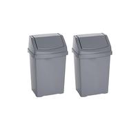 M1SS 2 x Small 8 Litre Swing Bins Silver Plastic Waste Bins with Lid
