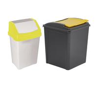 M1SS 50 Litre Bin Set of 2 - Swing Lid Top Bin & Recycle Bin, Rectangular Plastic Waste Bins with Removable Yellow Lids, Swing and Manual Lift Opening for Kitchen, Garden, Garage, Utility Areas Rooms