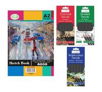M1SS A2 Spiral Sketch Book with 36-Piece Pencil Set - Includes Watercolour, Charcoal & Graded Pencils - 130 GSM Paper - Drawing & Shading Kit for Artists & Beginners