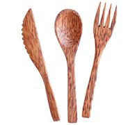 M1SS Coconut Wood Cutlery 3 pcs Set Including 1 Spoon, 1 Fork, 1 Knife, 16 cm, Eco-Friendly and Lightweight, Handcrafted Kitchen Utensils, Dining Cutlery for Cooking, Serving