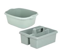 M1SS Combination Of High Grade Silver Sage 39cm Rectangular Washing Up Bowl Plastic Kitchen Organiser Sink Holder with 2 Compartment Cleaning Caddy Tote Tray Strong Cleaner Carry Basket