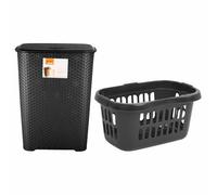 M1SS Combo Set - 65L Black Laundry Basket with Lid & 60L Black Hipster Basket Without Lid - Large Plastic Storage Baskets for Washing, Dirty Clothes & Household Organisation
