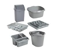 M1SS Complete - with 25L Swing Bin, Square Washing Up Bowl, Large Drainer, Cutlery Tray, Mop Bucket & Sink Tidy (Silver/Grey)