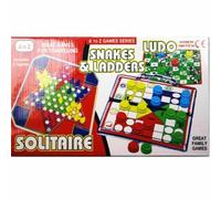 M1SS Family Leisure Traditional Classic Board Games - Chess, Ludo, Dominoes, Snake & Ladder, Match 4, Tumbling Tower & More for Family Fun & Travel Sets (3 in 1 Games - Solitaire Ludo Snake & Ladder)