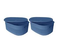 M1SS Oval Storage Basket with Lid Set of 2 - 14L Plastic Knit Design Storage Organizer for Kitchen, Bathroom, Bedroom & Living Room - Lightweight, Durable Multipurpose Storage Box (Blue)
