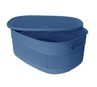 Plastic Storage Basket With Lid and Handle Oval Shape Shelf Basket Bathroom Basket Knit Design Toy Boxes Multi Colour Plastic Organiser ETC Baskets For Shelves, Kitchen (Blue, Large - 14L)