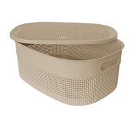 M1SS Plastic Storage Basket With Lid and Handle Oval Shape Shelf, Bathroom Basket Knit Design Toy Boxes Multi Colour Plastic Organiser ETC Baskets For Shelves, Kitchen (Beige, Large - 14L)