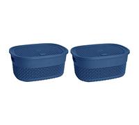M1SS Set of 2-4L Litres Plastic Storage Basket with Lid and Handle Oval Shape Shelf Basket Bathroom Basket Knit Design Toy Boxes Plastic ETC Baskets Office Stackable Lidded ETC Basket (Blue), 21118