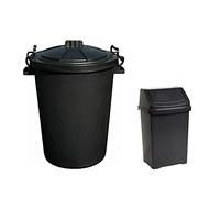 M1SS Set of 2-50L Litre Storage Bin Heavy Duty Plastic Clip Lock Lid Bin, Waste of Animal Feed With 8L Swing Bin Waste Recycling Dustbins Kitchen, Bathroom Bins (Black)