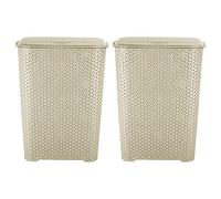 M1SS Set of 2-65L Litre Plastic Laundry Basket with Lid and Handle Drop All Basket Clothes Washing Bin Storage Hamper Small Organiser Lovely For Bathroom, Bedroom (Beige)